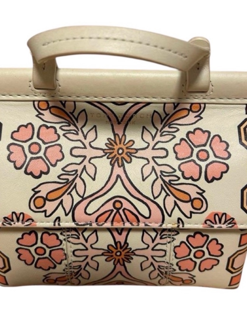 Tory Burch Cream Mini Top-Handle Bag with Pink & Gold Floral Print - Picture 6 of 11